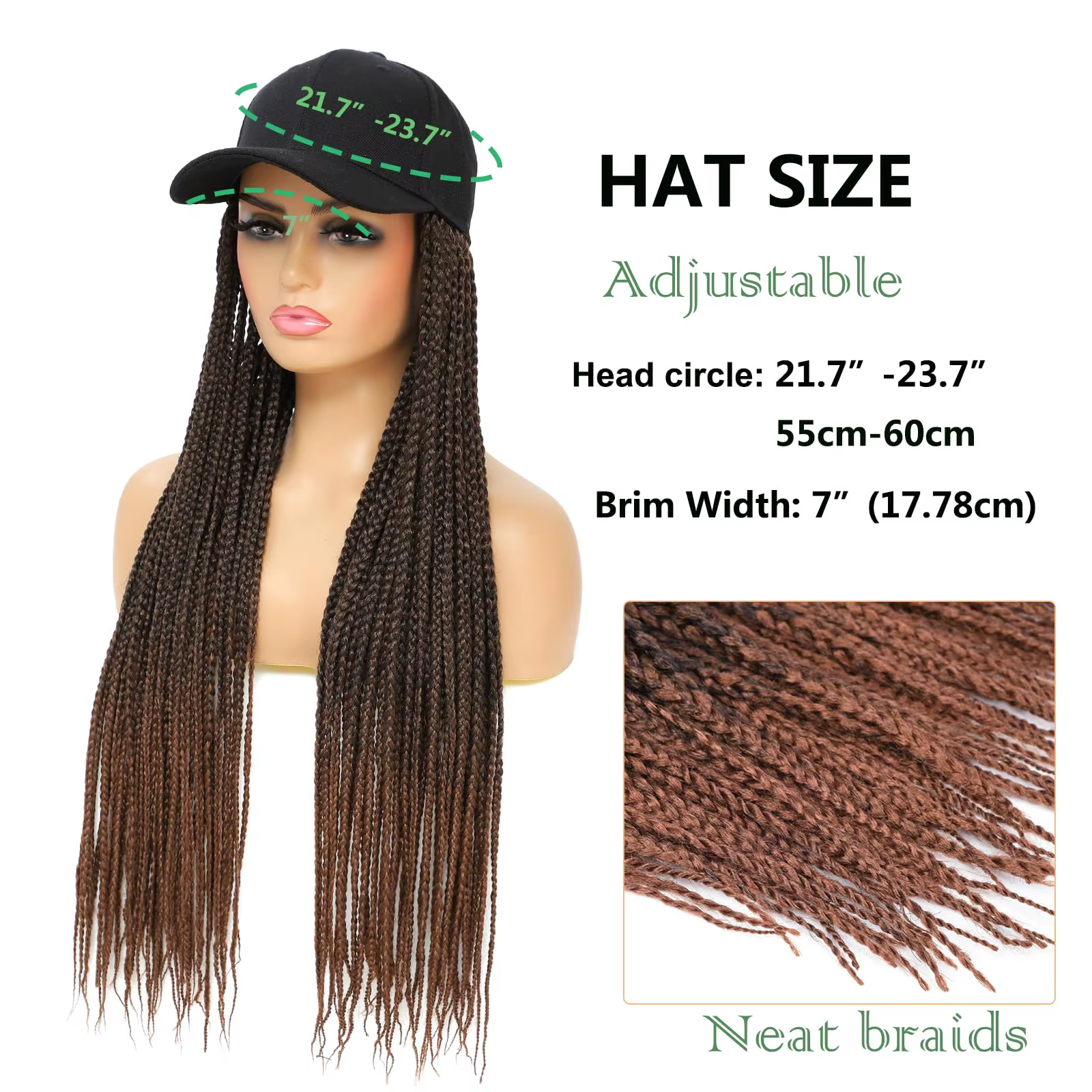 Casquette perruque pour femme avec cheveux tressés intégrés
