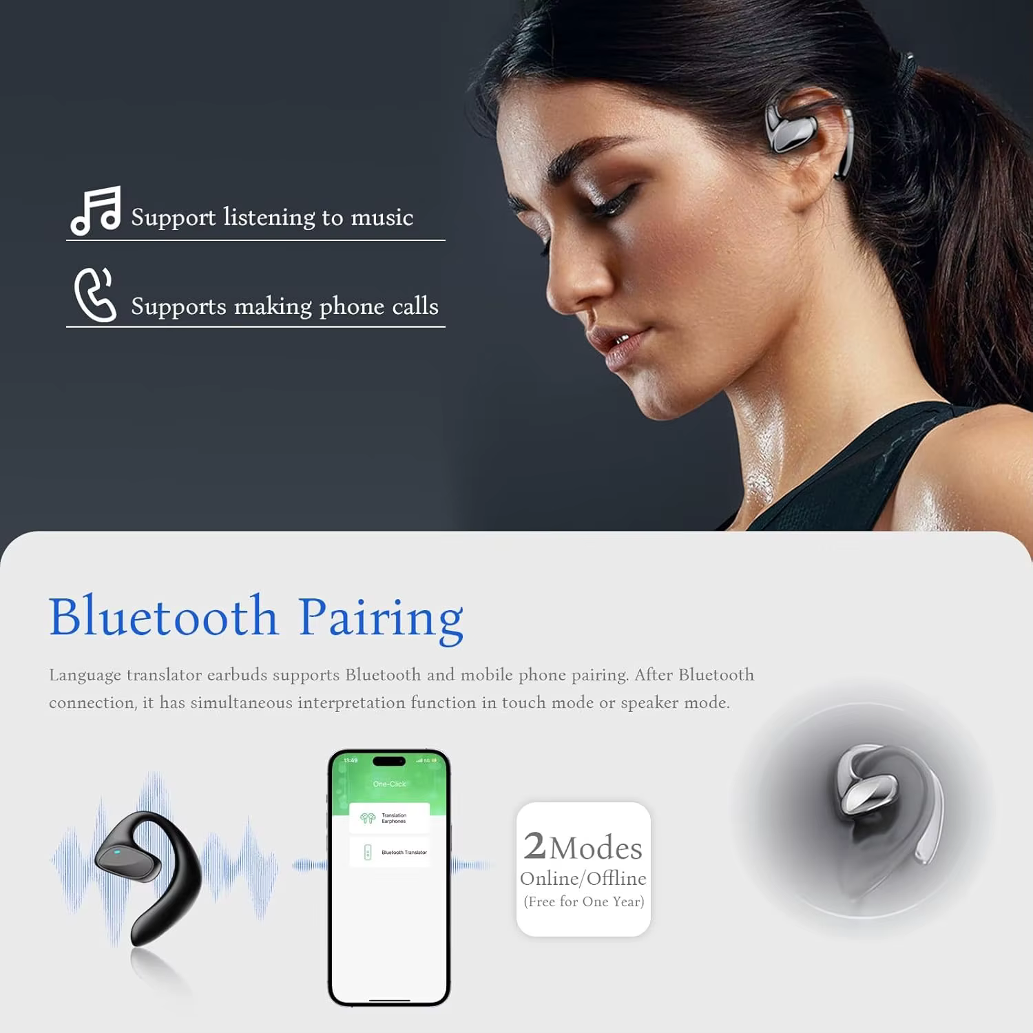 Écouteurs de traduction BT de langue M8, casque Bluetooth qui prend en charge la traduction en 144 langues, traduction en ligne ou hors ligne