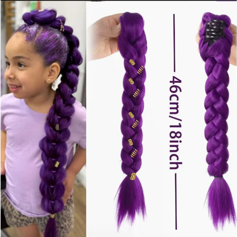 Extensions de queue de cheval tressée violette de 18 pouces avec pinces à cheveux dorées
