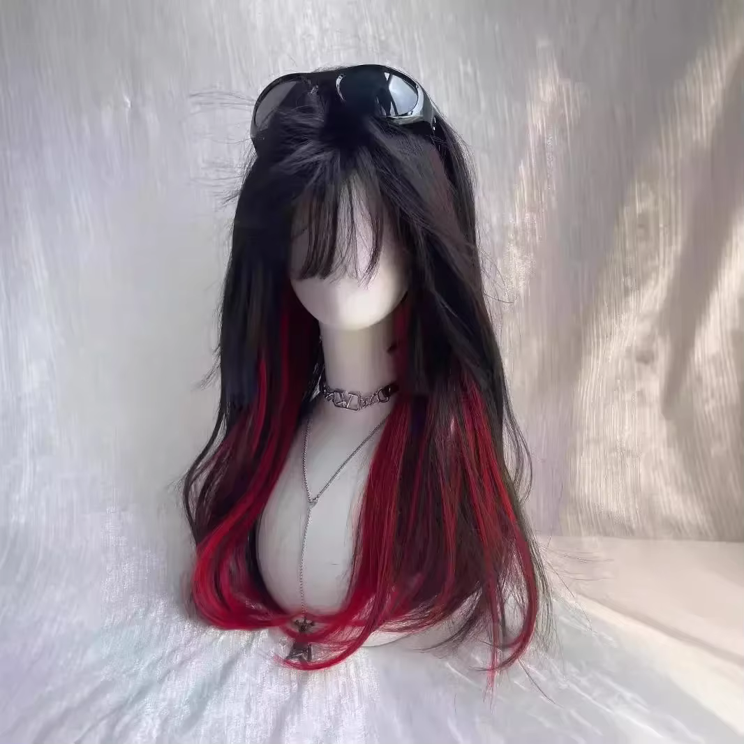 Cheveux longs et raides tehonneur en noir et rouge pour femmes