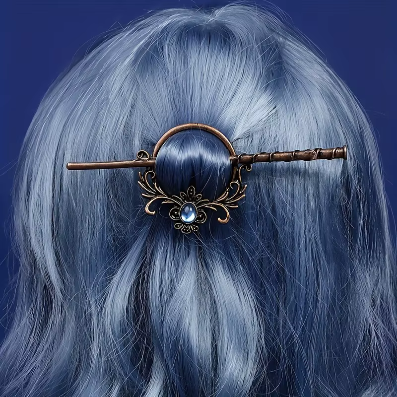 1 pièce de bâton de cheveux de style vintage : cuivre – Tonifié avec une gemme bleue et un motif floral orné
