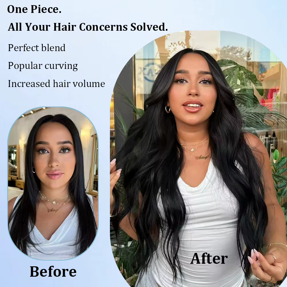 Extensions de cheveux synthétiques ondulées longues noires de 20 pouces avec fil invisible