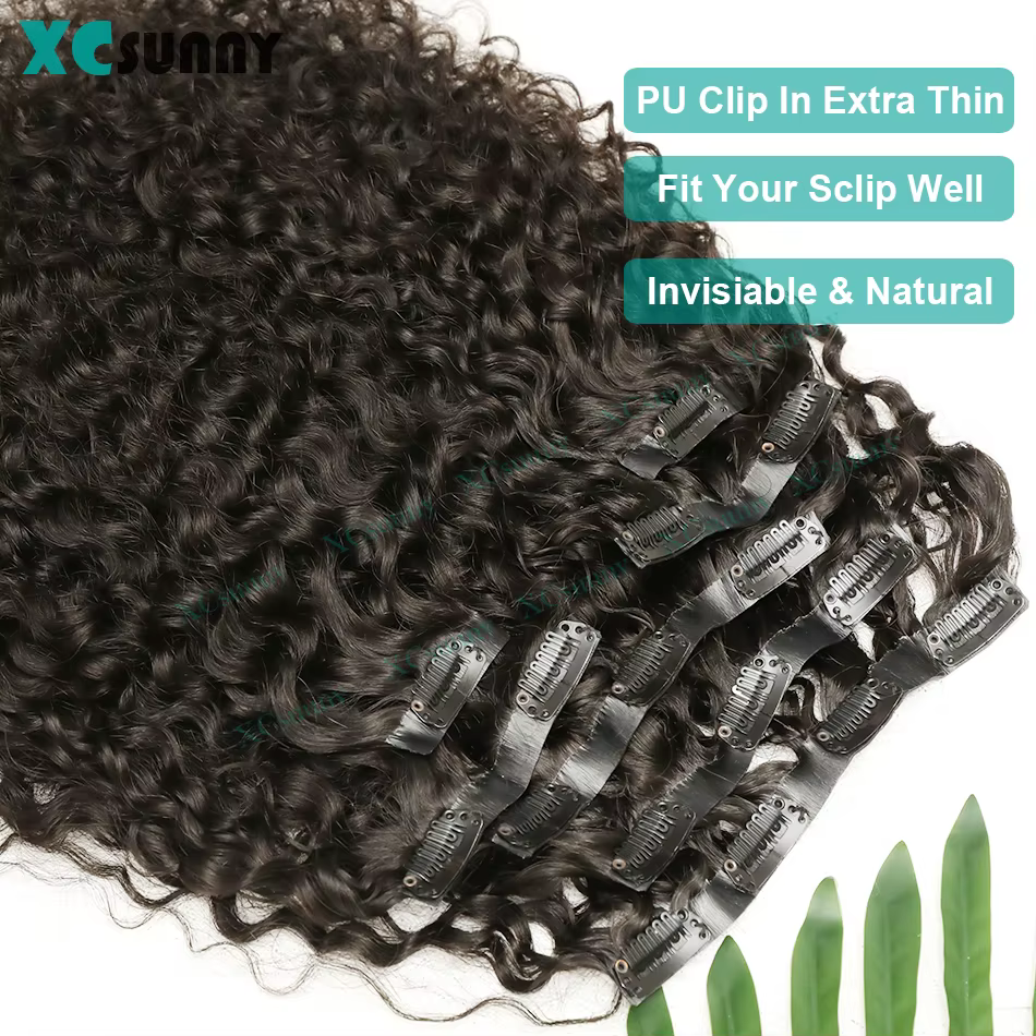 Extensions de cheveux humains bouclés à clipser en PU pour la tête