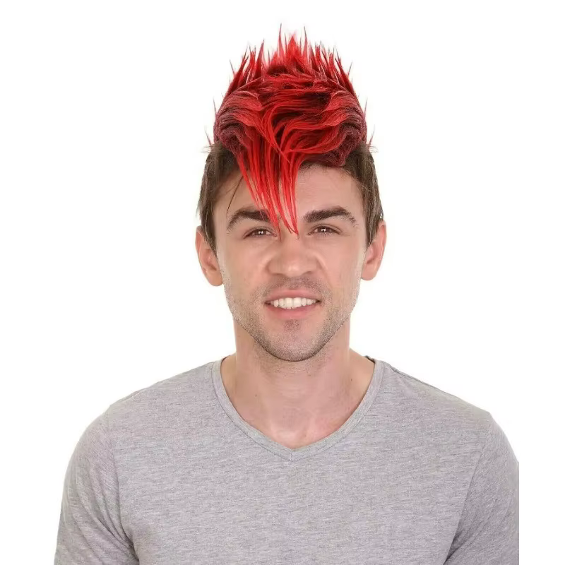 Perruque Mohawk pour hommes | Postiche pointue Punk Rock rouge et noire pour Halloween