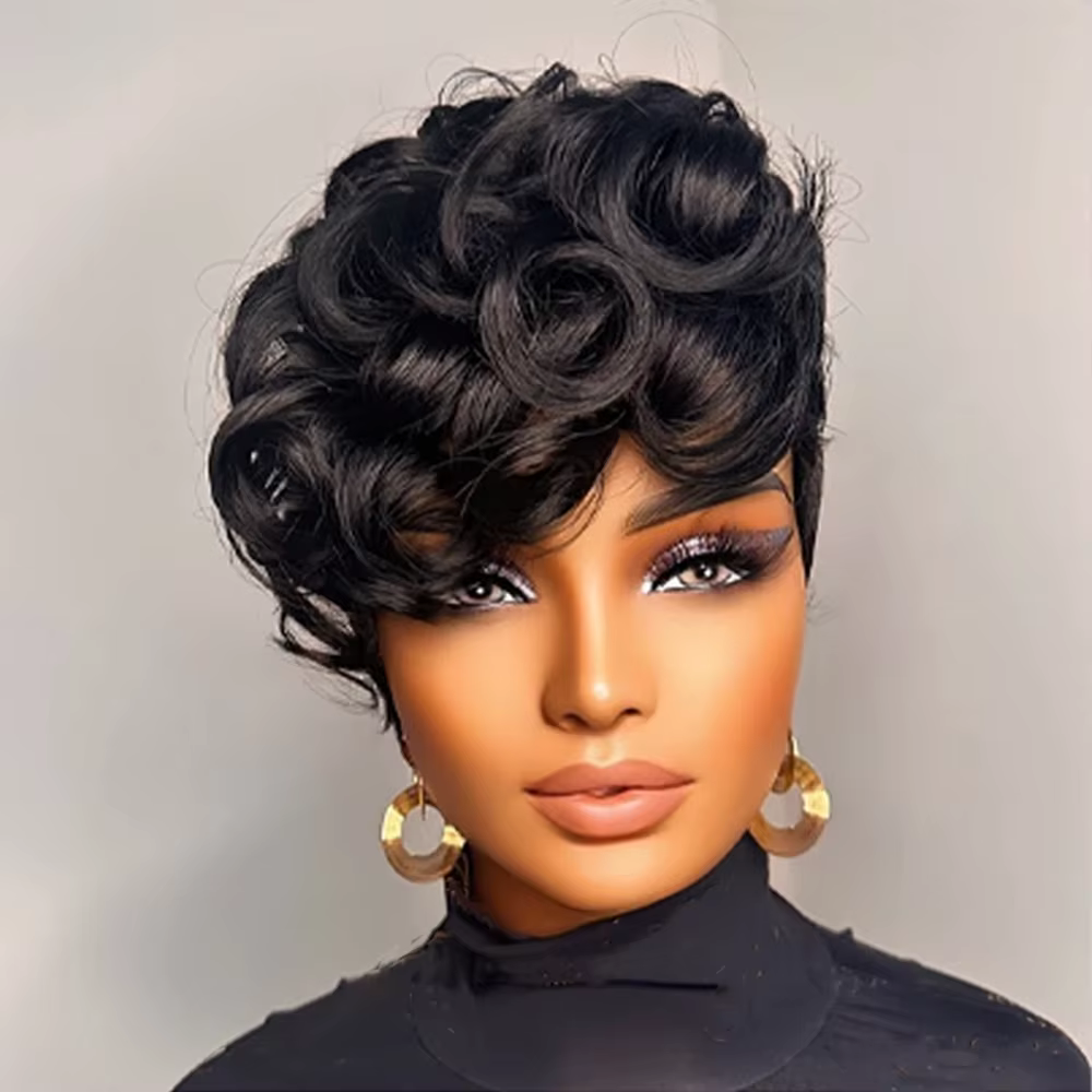 Perruque de cheveux humains coupe lutin 6 "en couches courtes bouclées lâches avec frange Remy