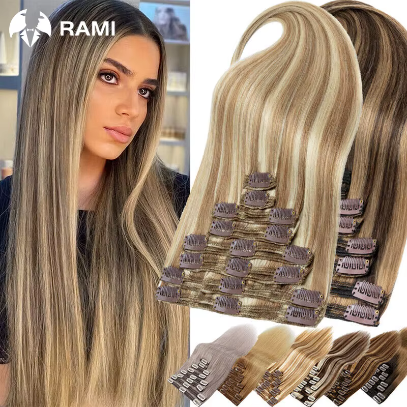 Extension de cheveux humains pour femmes 7 pièces pince en trame