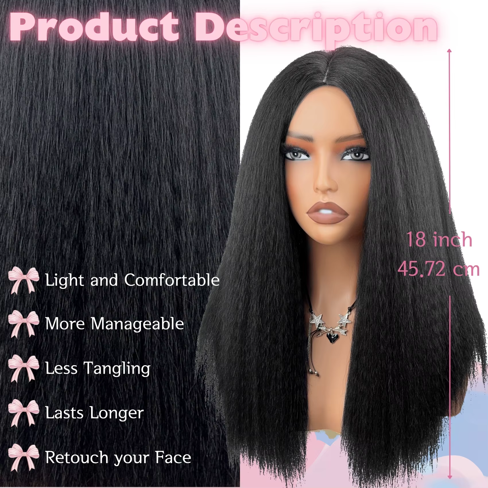 Perruque Yaki noire lisse mi-longue de Style africain pour femmes