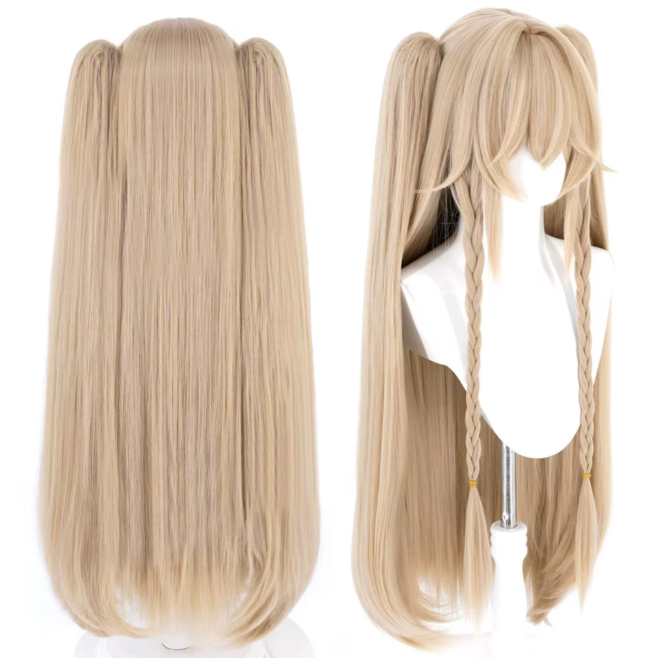 Perruque longue et droite blonde pour cosplay d'anime avec double queue de cheval