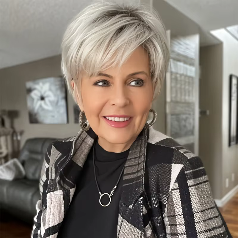 Perruque synthétique tendance pour femme - Bob court gris naturel