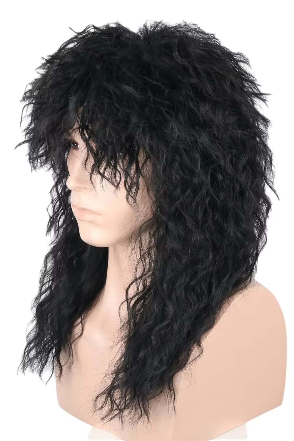Perruque bouclée noire pour hommes avec frange – Cheveux synthétiques ondulés naturels pour cosplay