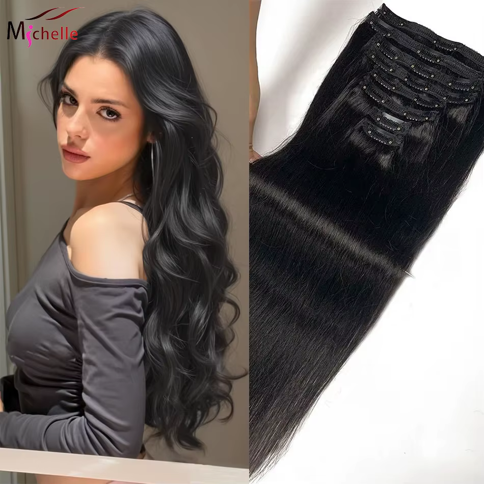 8 pièces Extensions de cheveux humains brésiliens à clipser droites avec 18Clips 120g couleur naturelle droite 100%