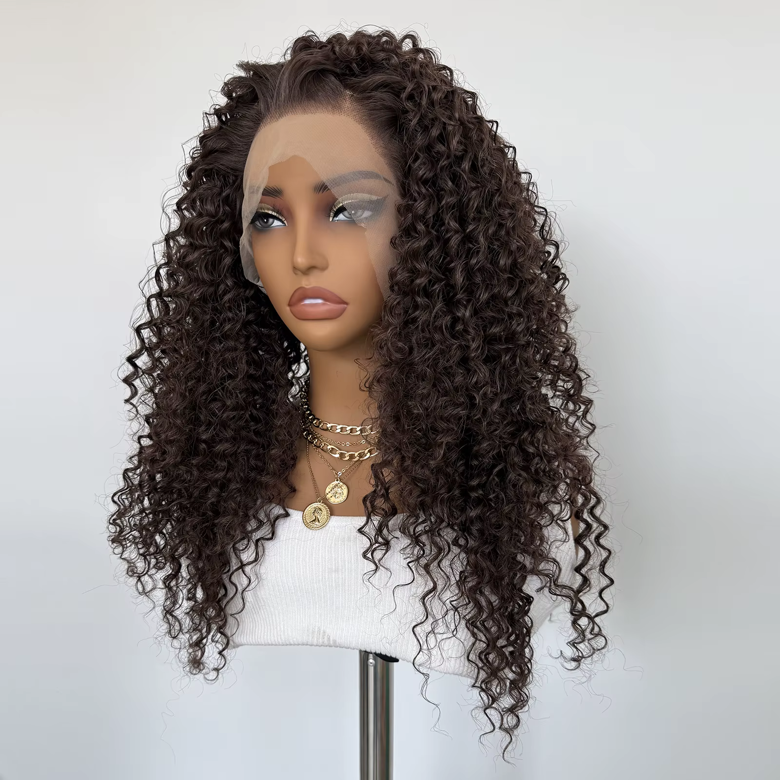 Perruque bouclée marron chocolat 13x4 Lace Front