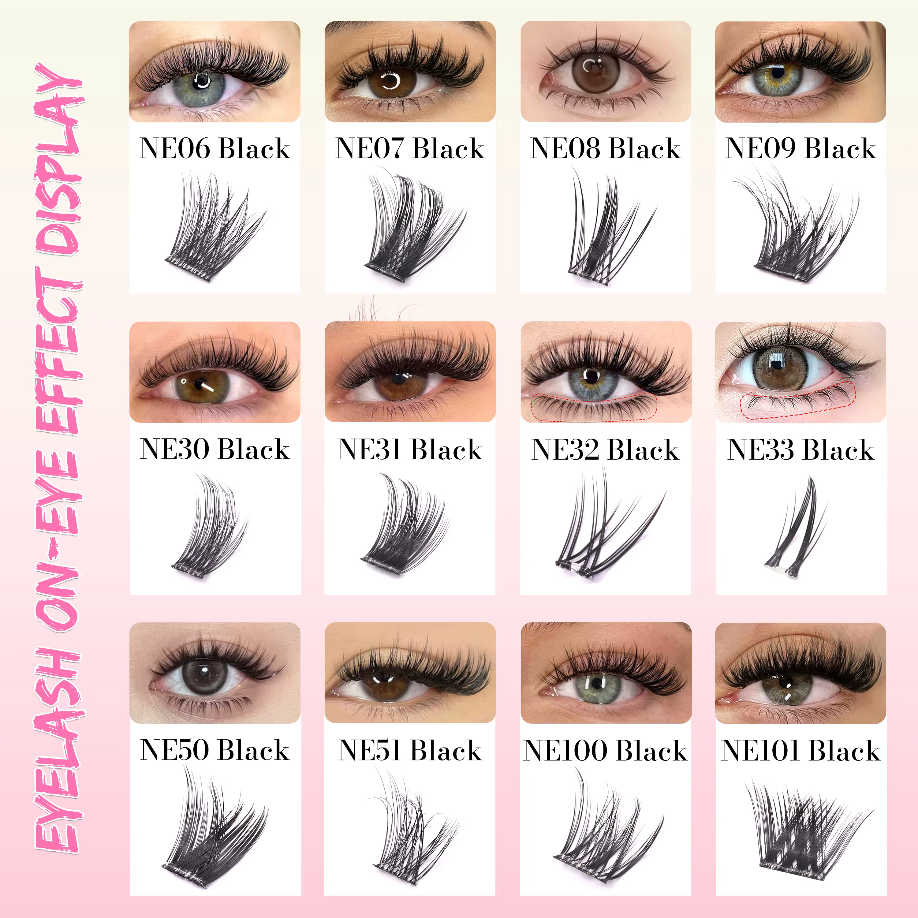 Série NE NE05 Nouvel Emballage 6 Rangées 100% Fait Main Effet 3D Moelleux Sans Colle Requise Extensions de Cils 10-14mm Noir Facile à Retirer Réutilisable
