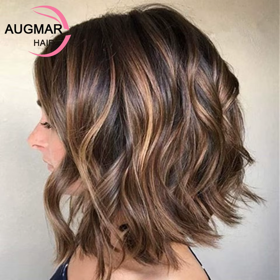 Perruque Brésilienne Naturelle Cheveux Courts Ondulés à Reflets Blonds