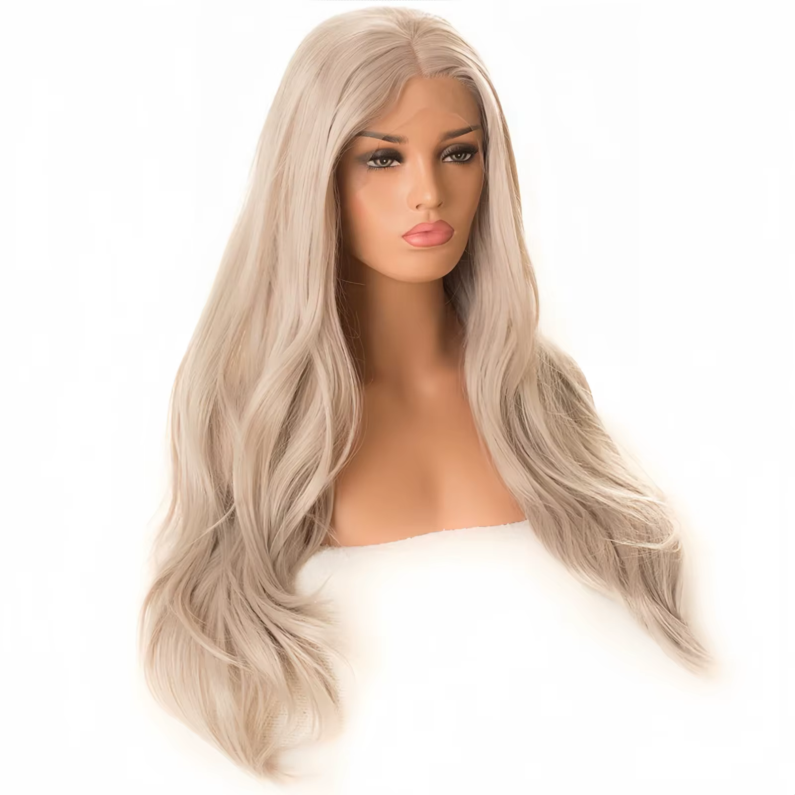 Perruque synthétique longue ondulée Blonde cendrée avec raie centrale