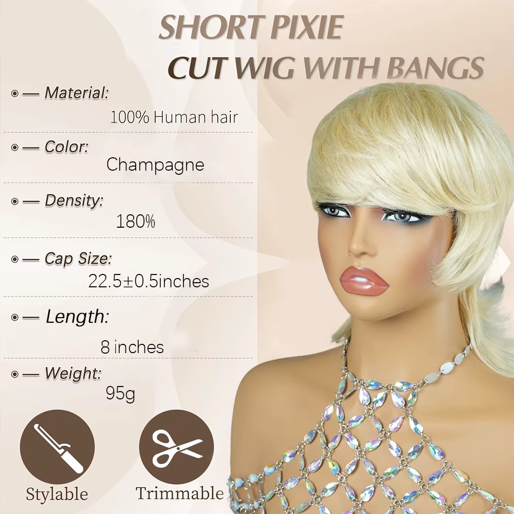 Perruque courte en cheveux humains 100% vierges