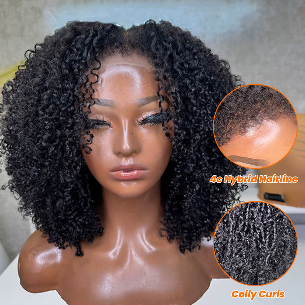Wear And Go perruque sans colle avec ligne de cheveux ventilée 7x5 HD dentelle fermeture perruques crépus bouclés court
