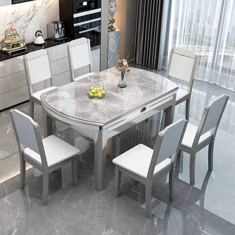 Table à manger ronde extensible et pliable en marbre et bois massif de luxe moderne avec ensemble de chaises 4, 6 places, designs de meubles de restaurant