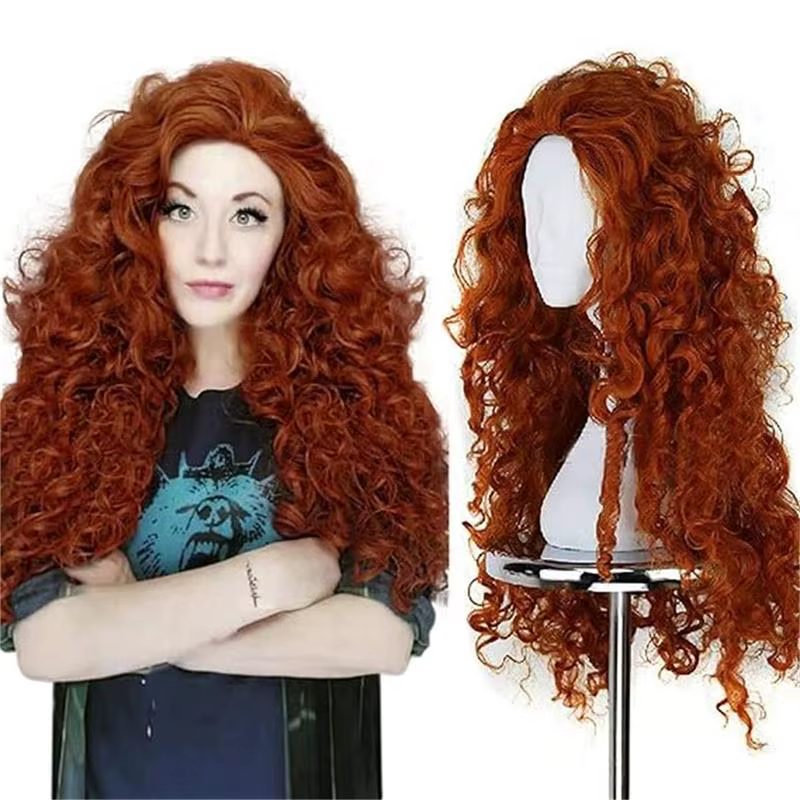 Perruque synthétique longue bouclée rouge marron