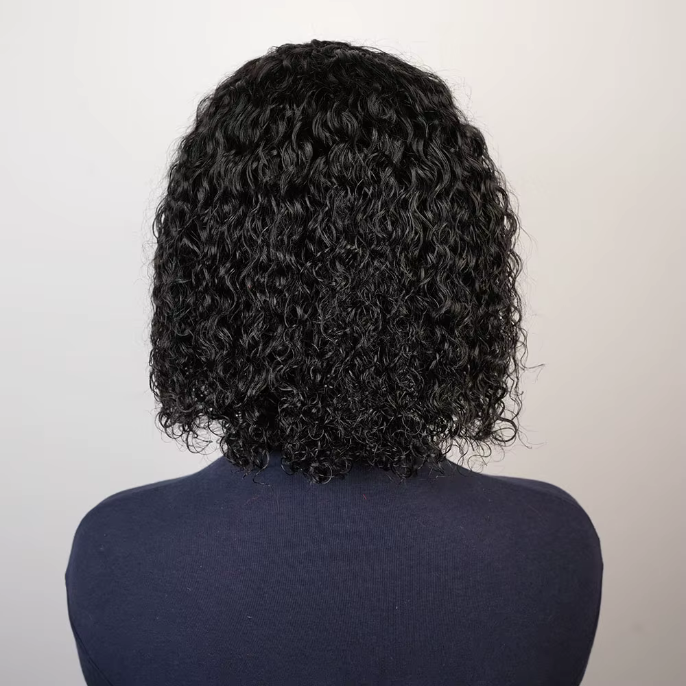 Perruque de cheveux humains crépus bouclés avec frange pour femmes noir 99J bordeaux sans colle courte vague d'eau