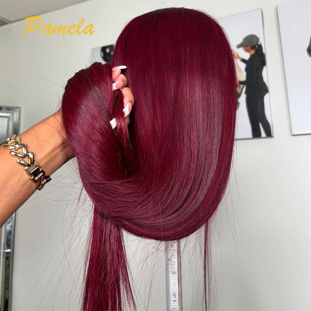 Perruque sans colle de couleur bordeaux Super Double tirage prête à porter 13x6 os droit Transparent 30 pouces avant de lacet perruques de cheveux humains