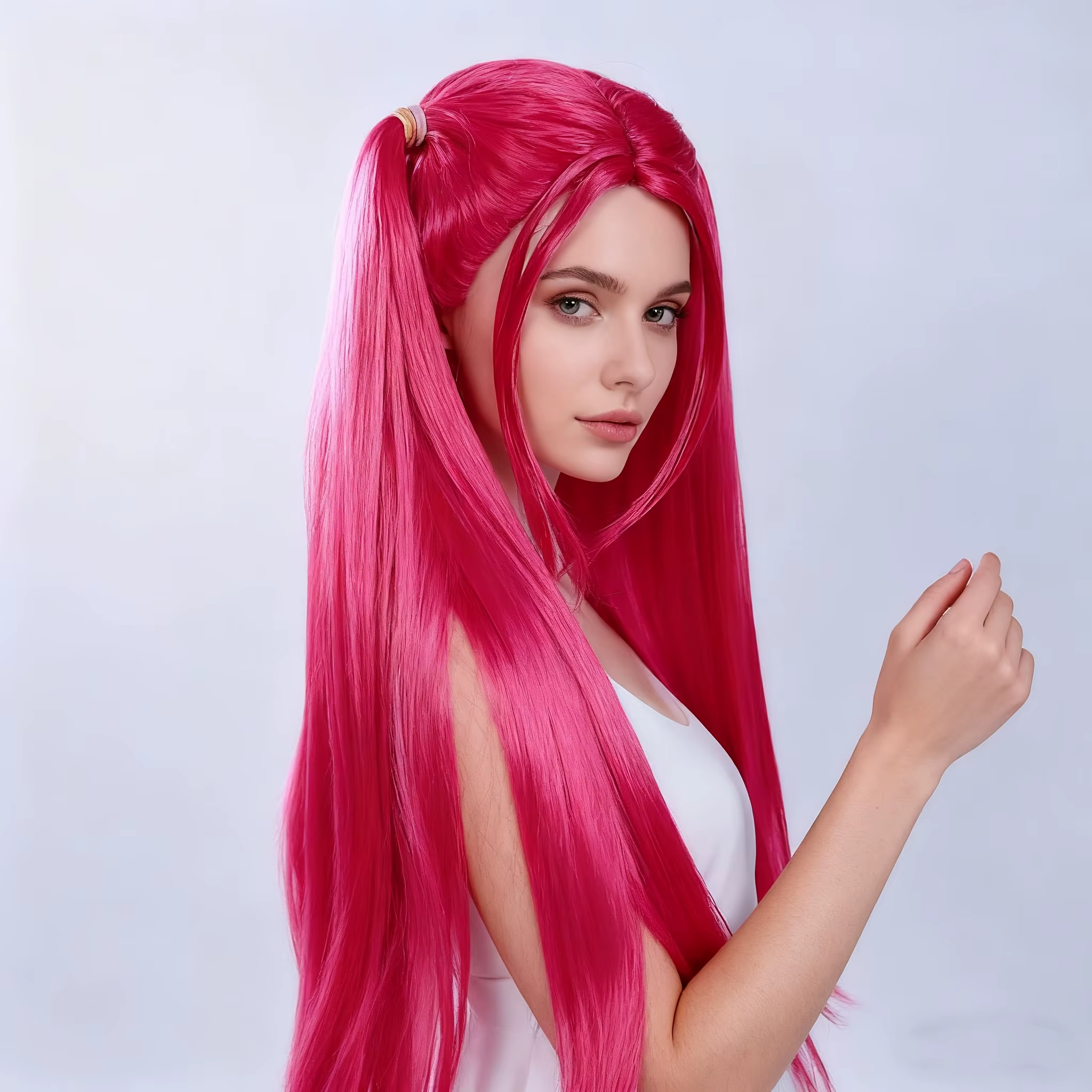 Perruque Anime longue rose avec motif double queue – Fibre synthétique résistante à la chaleur