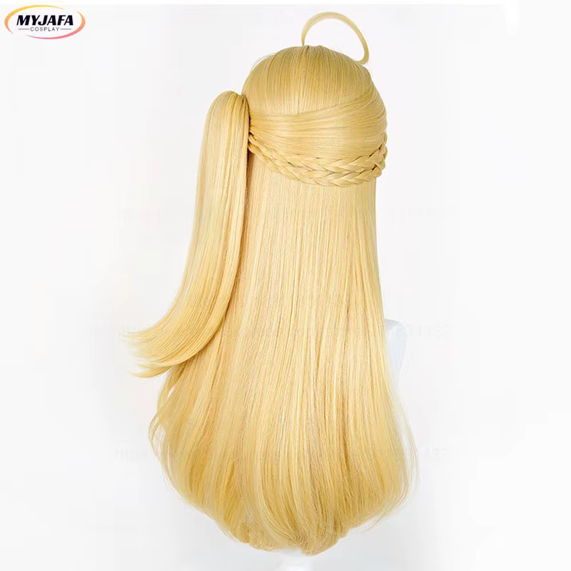 Perruque de Cosplay Anime Cissia, 72cm de long, queue de cheval droite tressée, cheveux synthétiques dorés résistants à la chaleur, perruques de fête d'halloween + bonnet de perruque