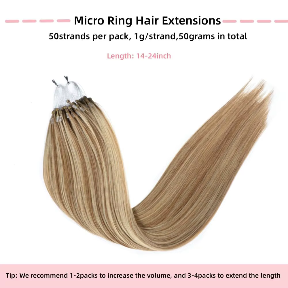 Extensions de cheveux humains 100% naturels à micro-anneaux, tissage droit professionnel avec anneaux pour un look naturel, couleurs 1B-613