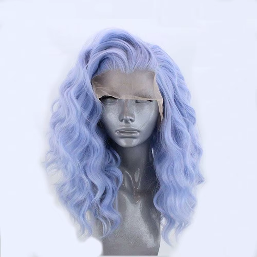 Perruque Bob Lace Front Wig synthétique ondulée bleu clair