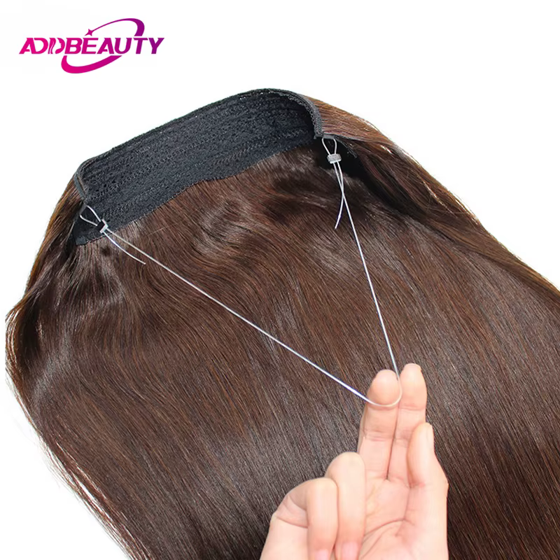 Extensions de cheveux à fil invisible avec bandeau transparent, taille réglable, clips sécurisés amovibles dans un postiche secrète droite