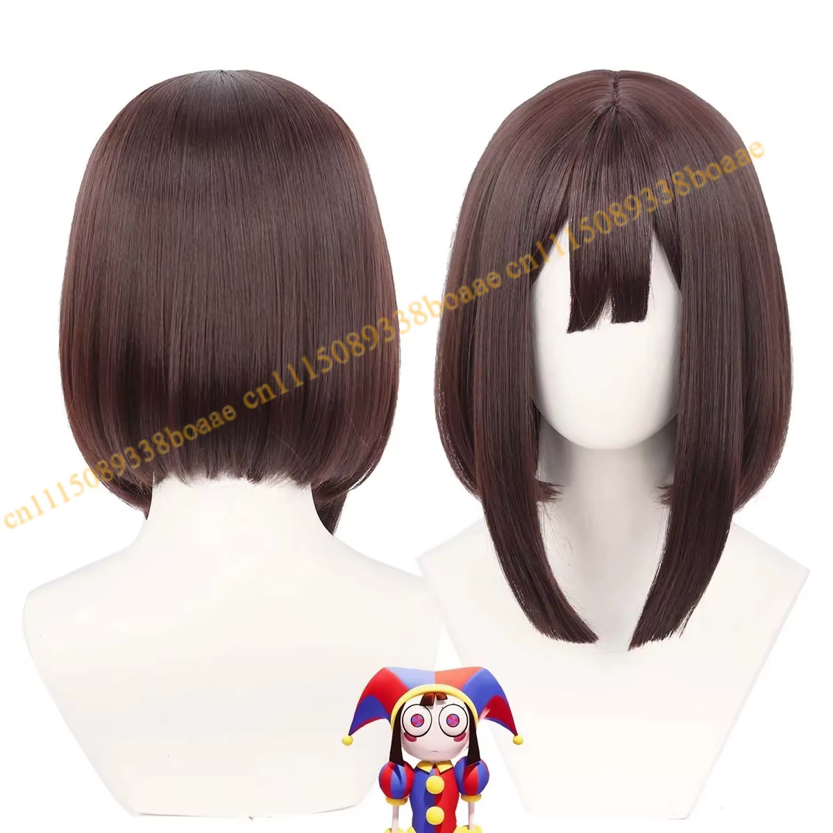 Pomni The Circus – Perruque de cosplay synthétique pour femmes, cheveux courts bruns de 38cm, style Joker, pour Halloween, Clown