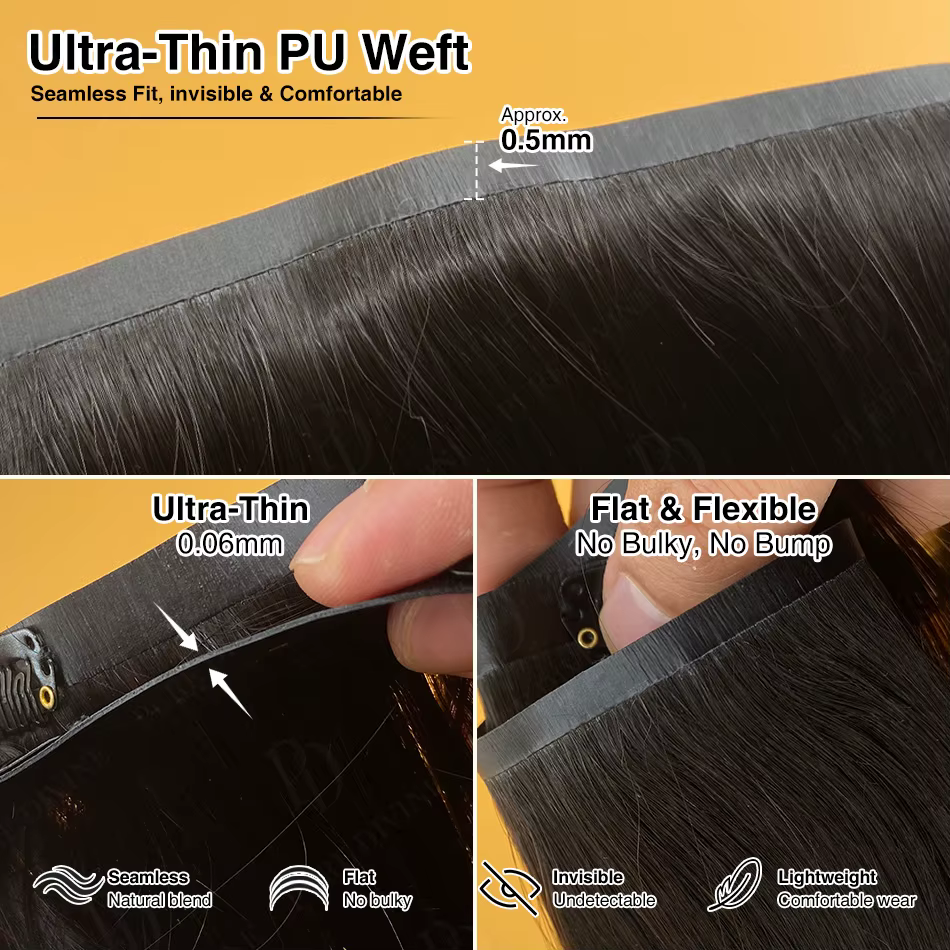 Extensions de cheveux humains à clips invisibles en PU