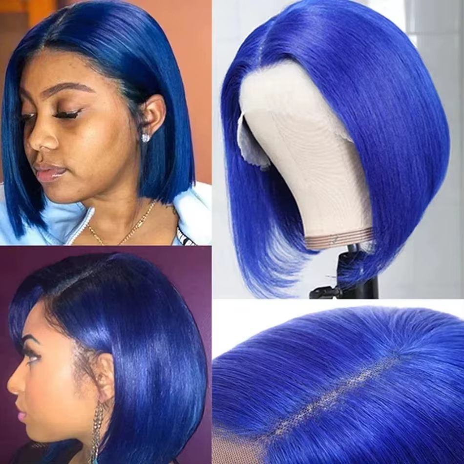 Perruque Bob Lace Front Wig naturelle, cheveux courts, bleu marine, 13x4, naissance des cheveux naturelle, pre-plucked, avec baby hair