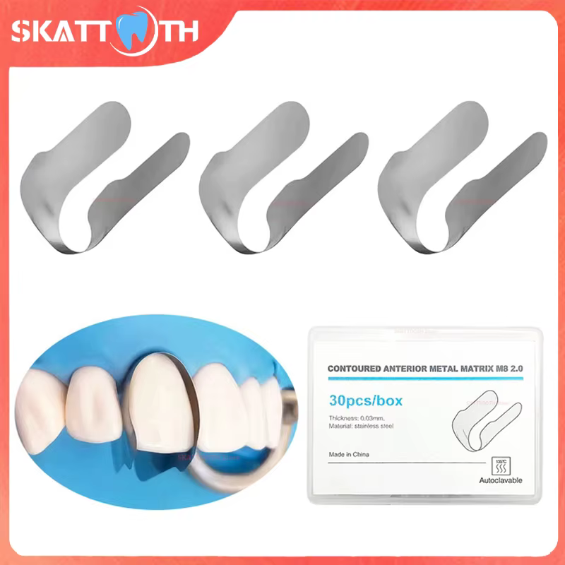 30 pièces Bandes de matrice dentaire sectionnelles profilées, Matrice métallique antérieure M8, Matrices antérieures jumelles, Système de matrices, Matériaux dentaires