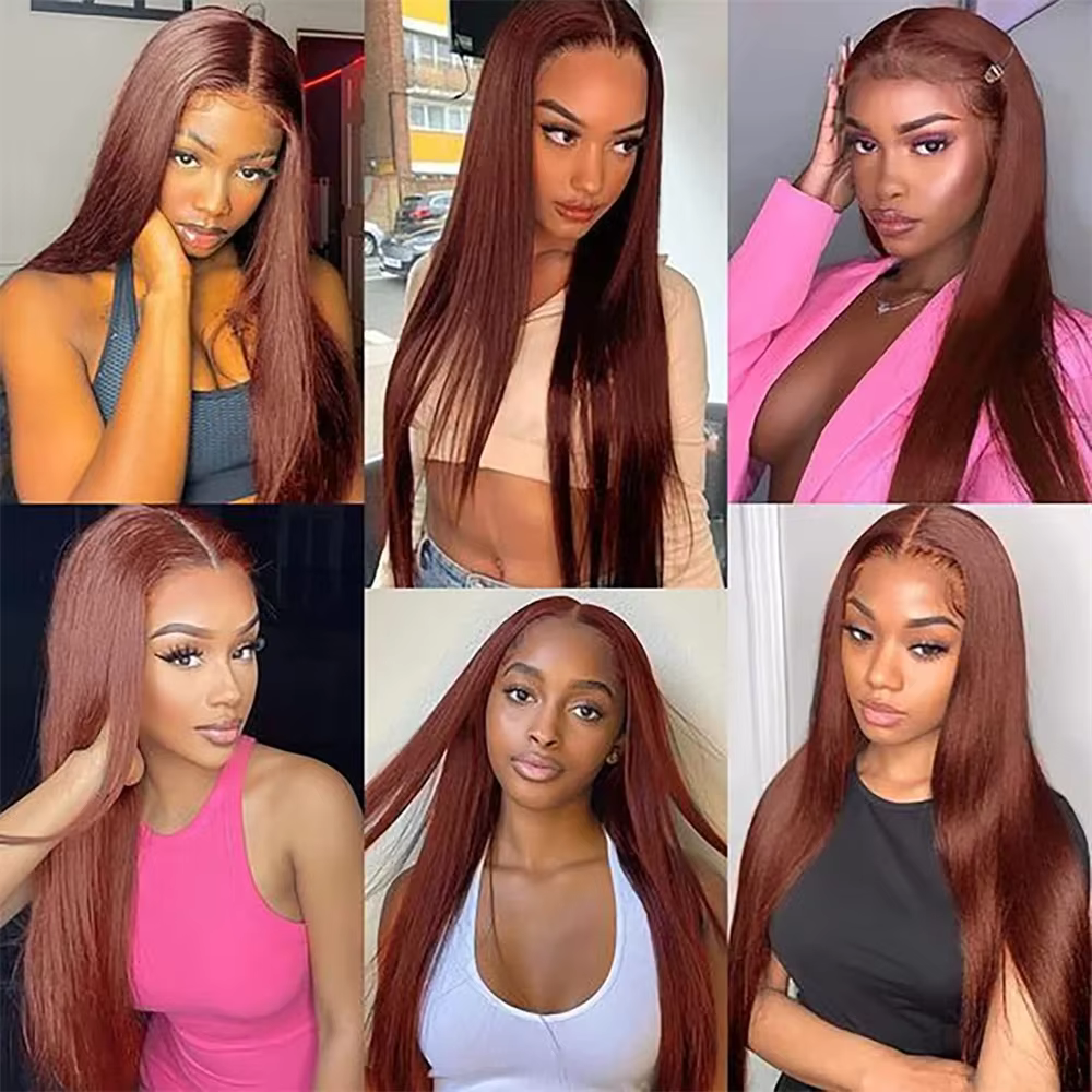 Perruque Lace Frontal Wig brésilienne naturelle, cheveux lisses, brun rougeâtre, 13x4, sans colle, HD, 30 34 pouces, en Promotion, pour femmes