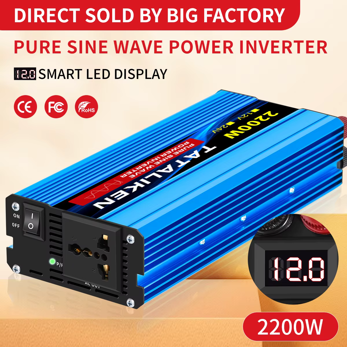 Convertisseur d'ondes sinusoïdales pures 1000W-4000W DC 12V et 24V vers AC 220V 50Hz, chargeur, adaptateur, prise universelle