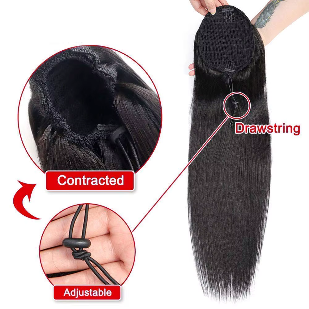 10-24 pouces cordon droit queue de cheval Extensions de cheveux humains 12A brésilien Remy 100%