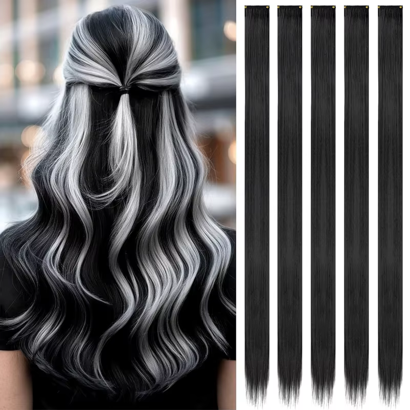 Extensions de cheveux synthétiques noires lisses de 24 pouces