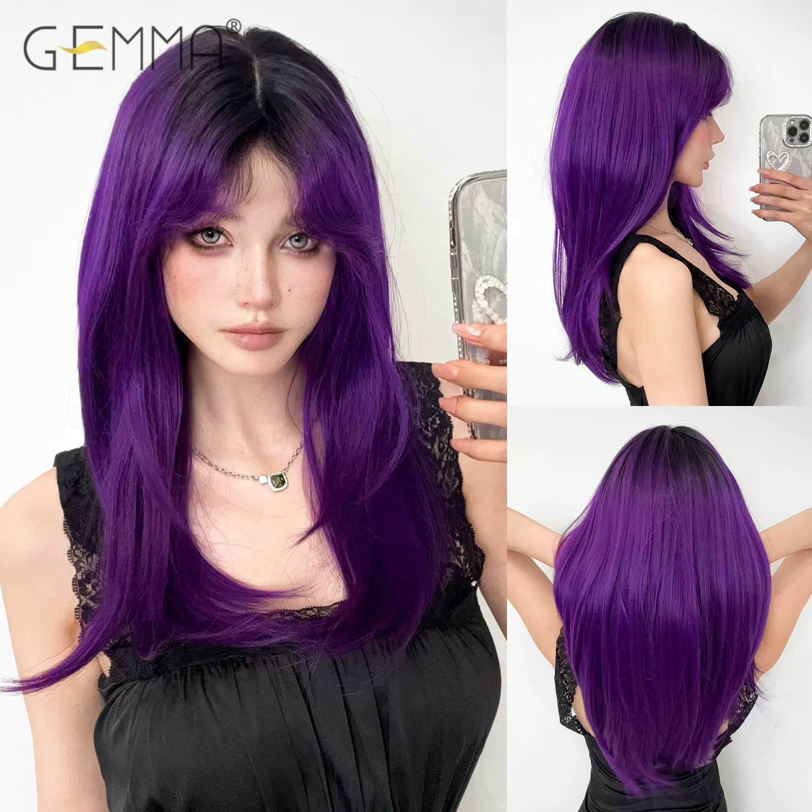 Perruque Synthétique Longue Droite Violet Foncé avec Frange