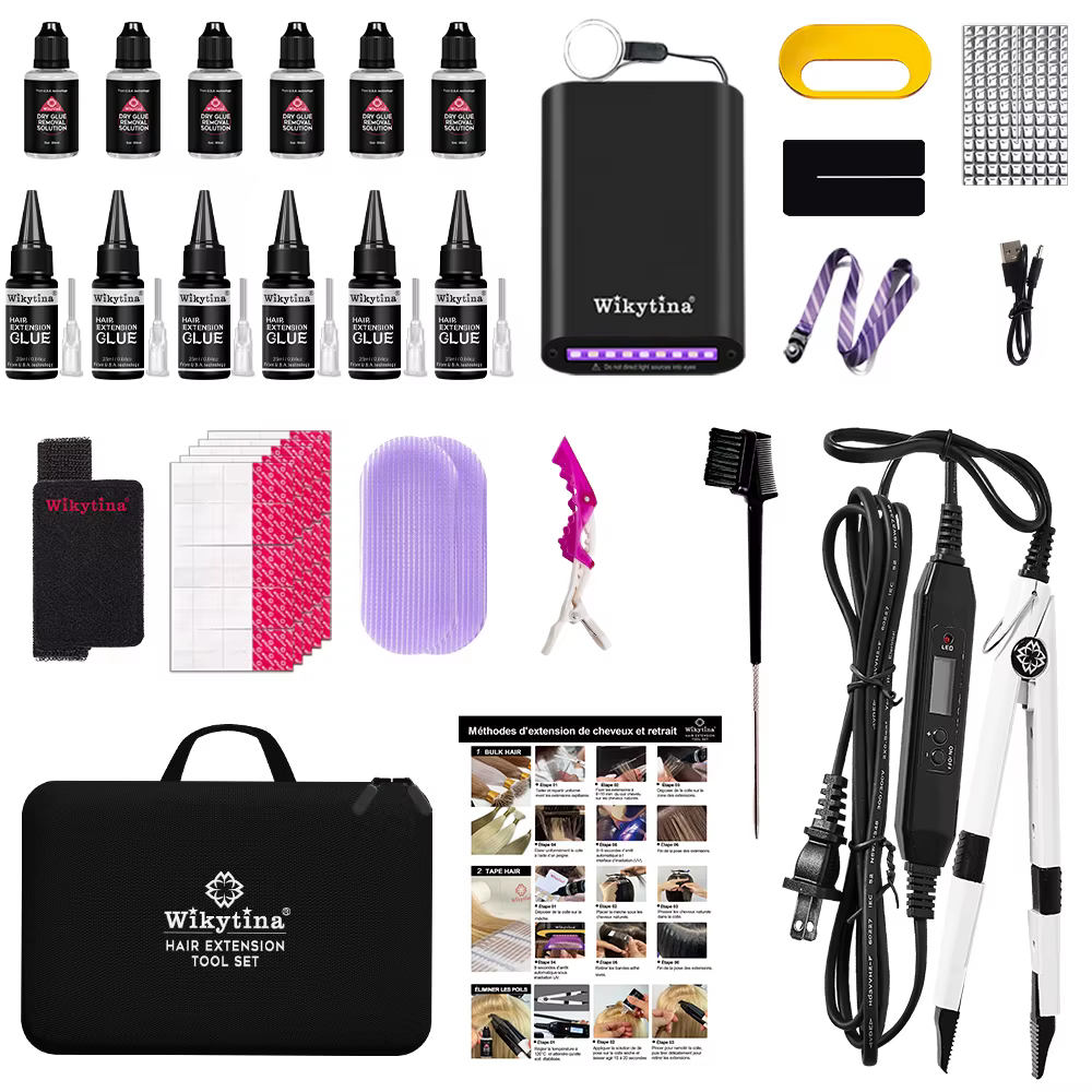 Ensemble d'extensions de cheveux à lumière UV avec outils de colle légère en V et briquet à durcissement pour une coiffure parfaite et des extensions longue durée