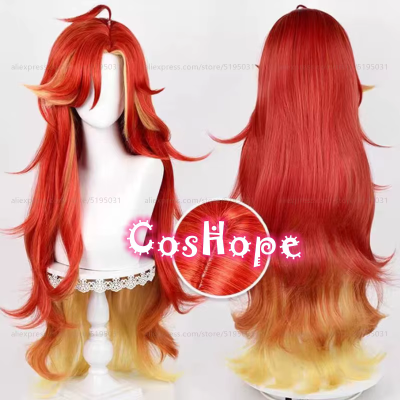 Pyro Archon Mavuika Cosplay perruque 100 cm longue vague bouclée