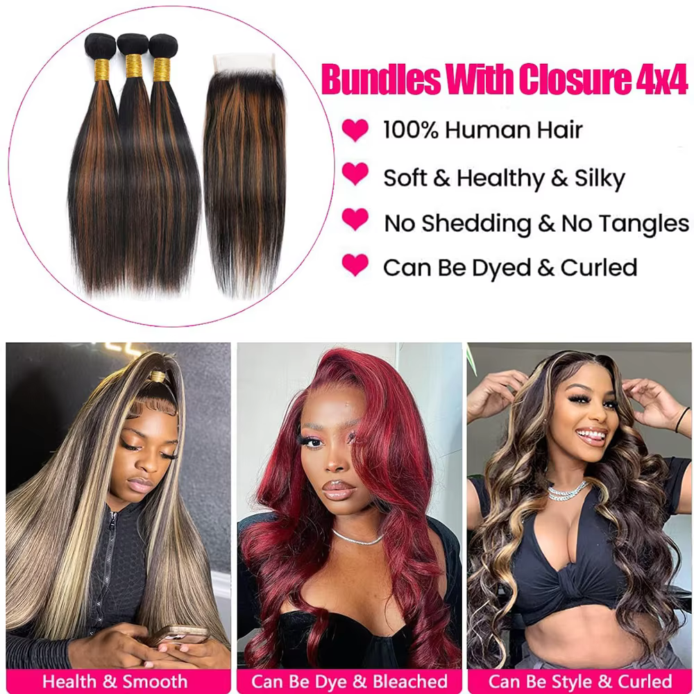 Mèches brésiliennes Remy lisses avec Closure 4x4