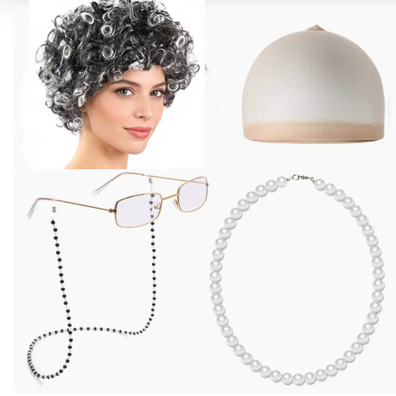 Ensemble de perruques pour déguisement de vieille dame : 5 pièces synthétiques pour cosplay de grand-mère (cheveux