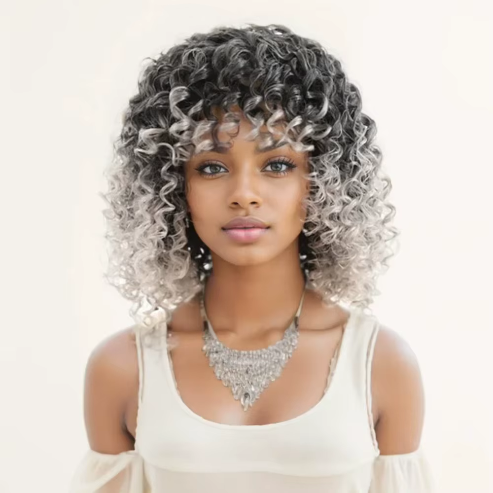 Jeedou perruque de cheveux courts bouclés avec frange perruques pour femmes noir gris mélange couleur coiffure moelleuse