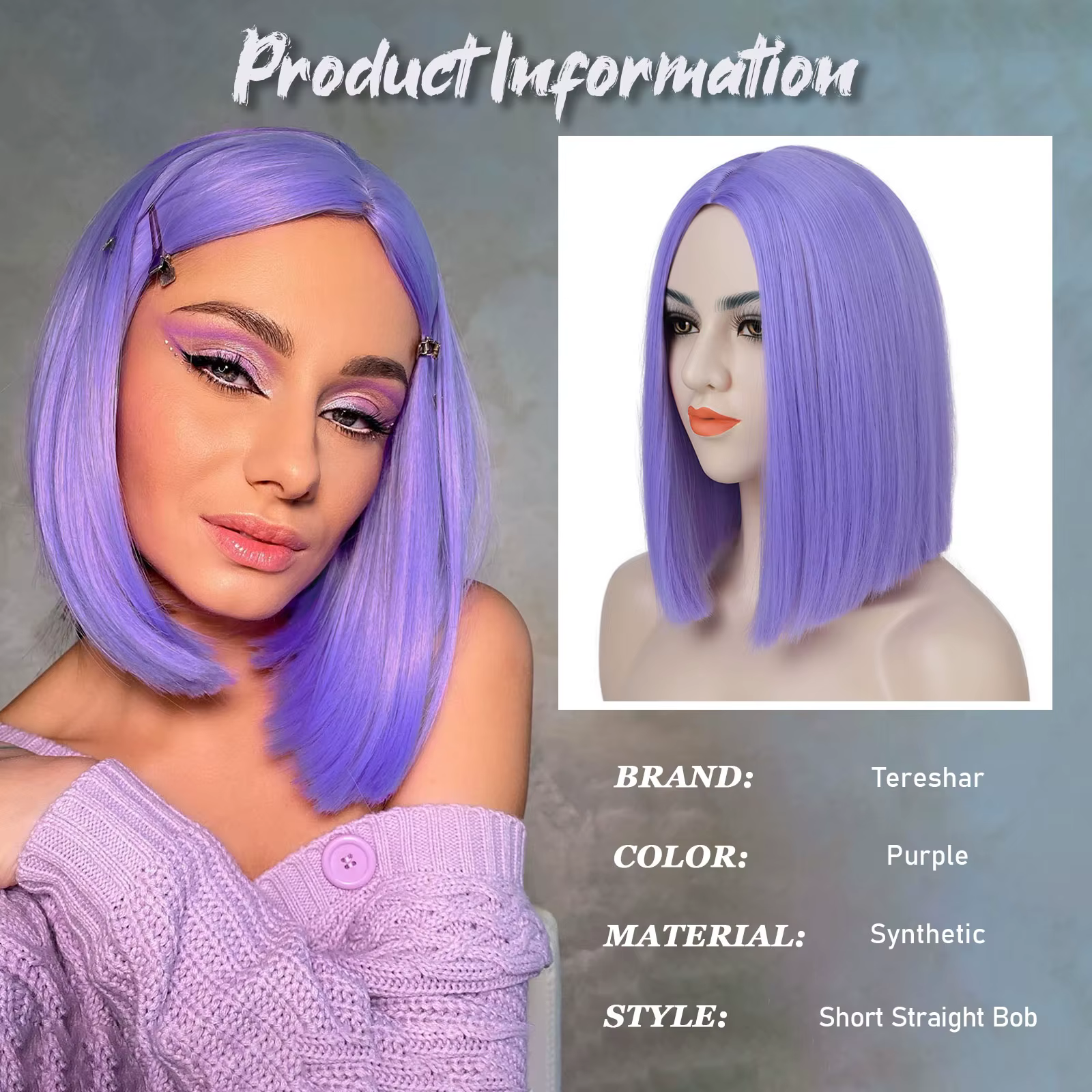 Perruque Bob courte droite synthétique violette pour femme