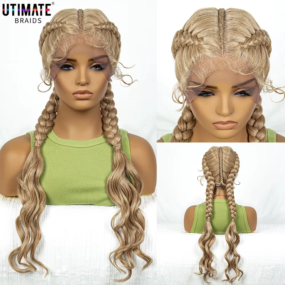 Perruque Synthétique Tressée Cornrow avec Vague Bouclée pour Femme