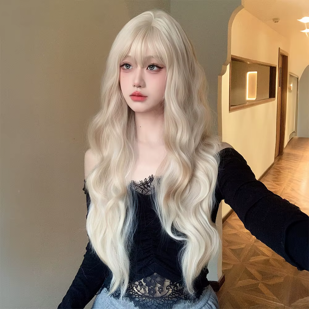 Perruque blonde ondulée naturelle avec frange, longue et bouclée, pour femmes, usage quotidien, fête, cosplay, perruque synthétique résistante à la chaleur