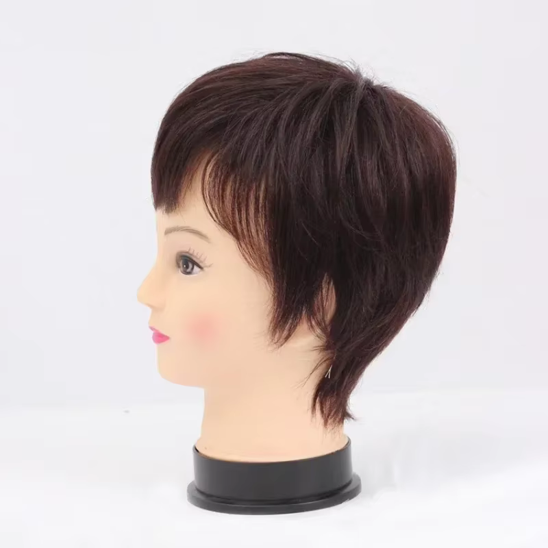 Perruque courte et droite en cheveux humains pour femmes asiatiques d'âge moyen et âgées