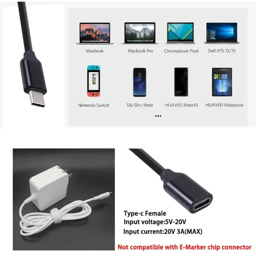 Câbles de données USB C 60W, rallonge de type C mâle à femelle, câble d'extension 3A, connecteur de chargeur plaqué or