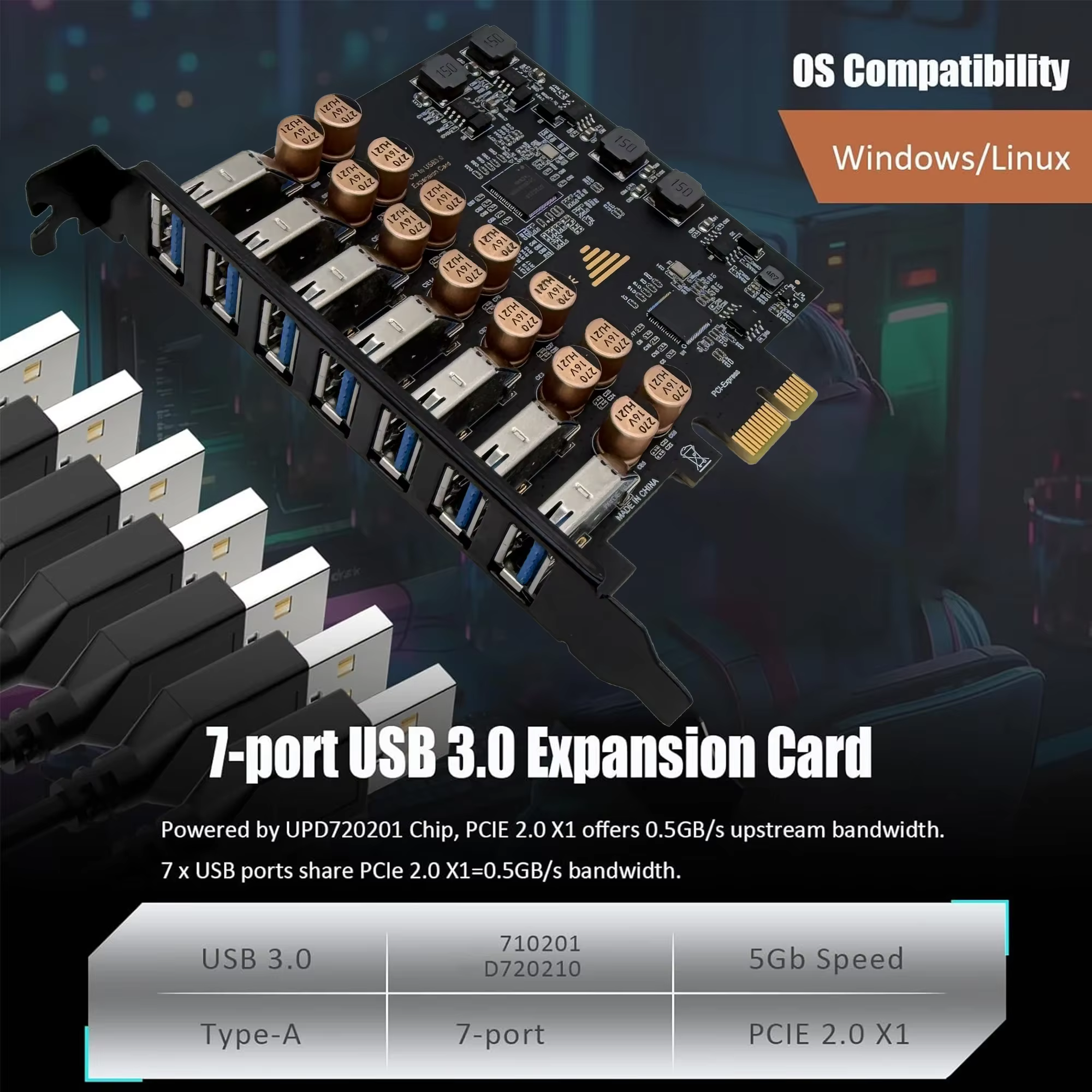 USB3.2 Gen1 5Gbps USB3.0 PCI Express multiplicateur PCI E à 7ports USB 3 Hub adaptateur d'extension carte PCI-E 1X contrôleur pour ordinateur de bureau